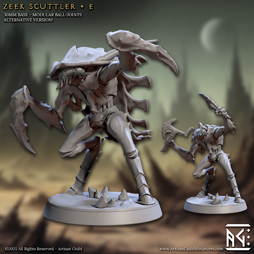 two 3D models of creatures, one larger and one smaller, both with long, curved claws and sharp weapons. The larger creature is standing on a base, while the smaller one is on a pedestal. The background is a blurred, dark landscape with a crescent moon visible in the distance.