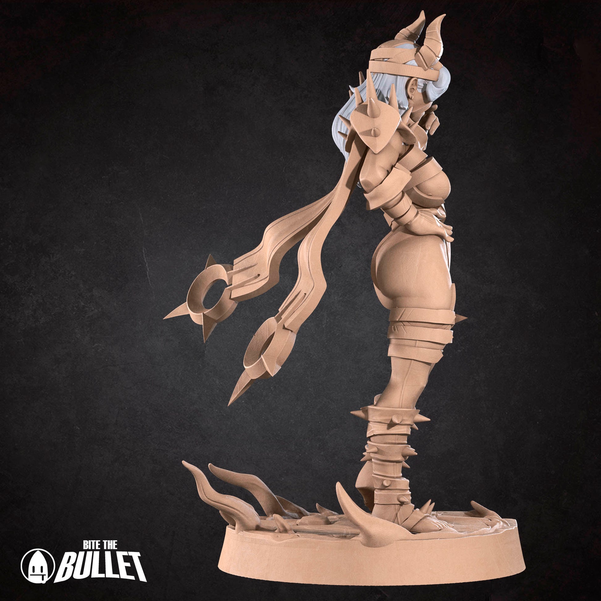 A 3D rendering of a female character with a fierce expression, wearing a heavily armored and battle-ready outfit, standing on a base with spikes protruding from it.