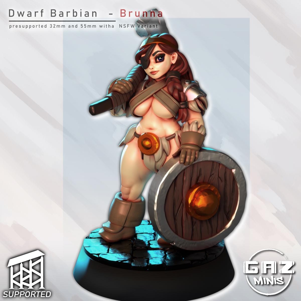 Bruna | Dwarf Barbarian | NSFW Option | Medium | 32mm or 55mm Scale | Gaz Minis | Dungeons and Dragons | TTRPG | Miniature