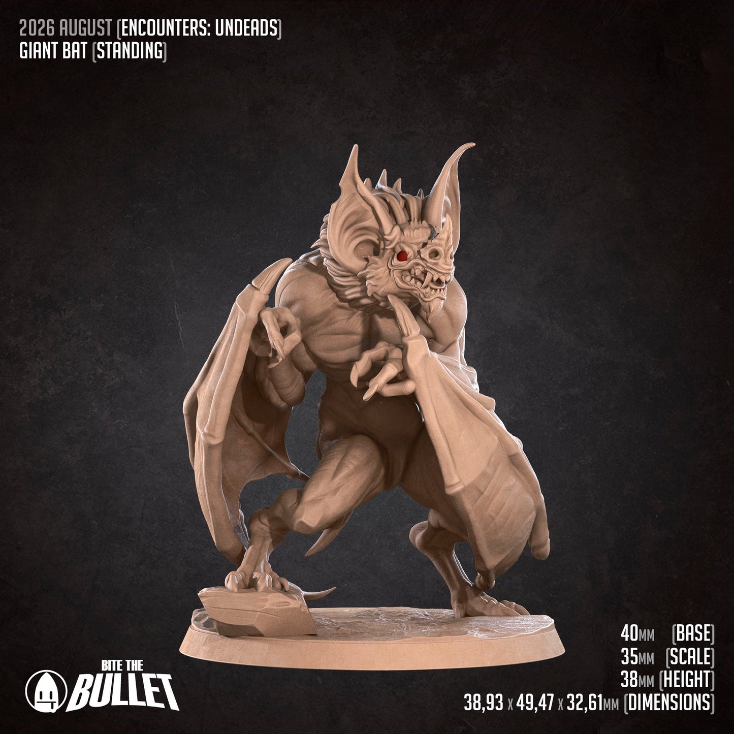 The image is a 3D rendering of a bat-like creature, possibly a bat or a bat-like monster, standing on a base. The creature has a large head and wings, and it appears to be made of a material that resembles stone or concrete. The image does not contain any text or additional objects, and it is a static representation of the bat-like creature.