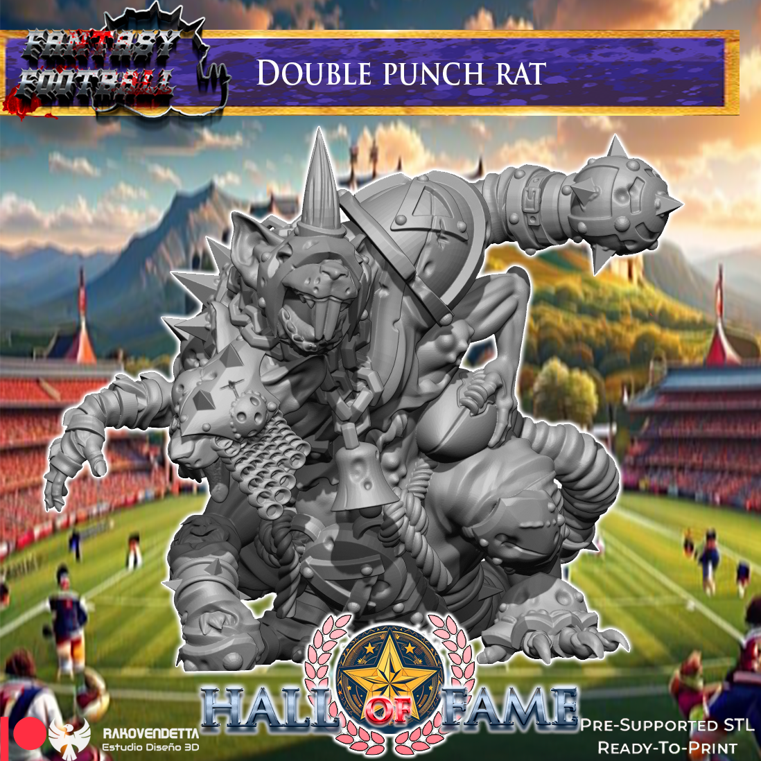 The image is a fantasy football game advertisement featuring a large, spiky, armored character resembling a double punch rat from the game. The character is shown in a dynamic fighting stance, with a football visible in its mouth. The background depicts a football field with players and stadium seating, creating a sports-themed setting. The image is a collage of multiple images, and the text includes the game title, the character's name, and the company's logo.