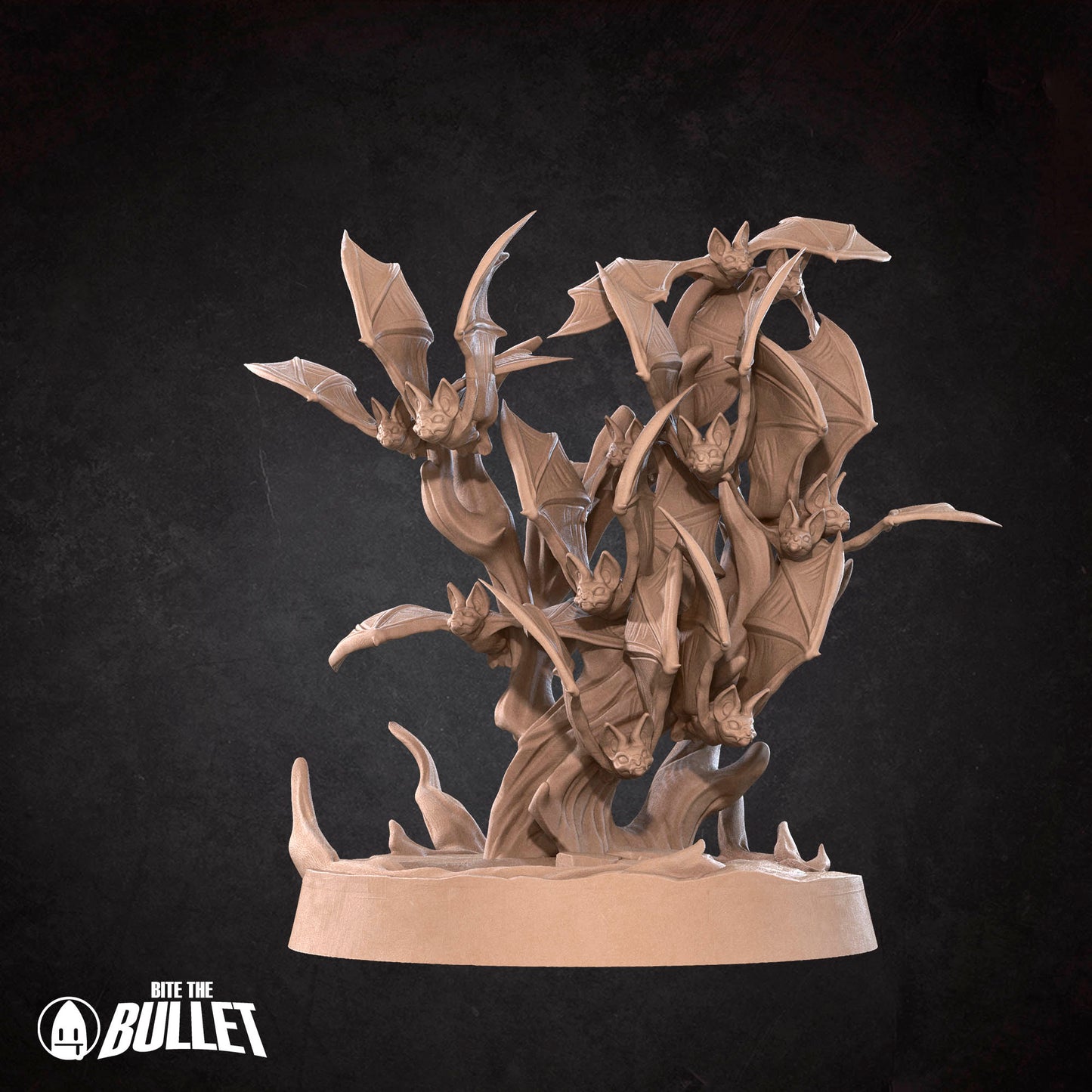 A 3D rendering of a bat-like creature with multiple wings, set against a dark background.