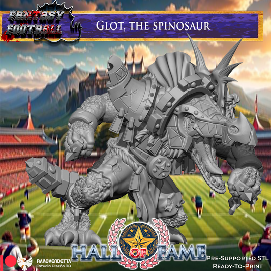 The image is a promotional poster for a fantasy football game called "Glot the Spinosaurus". It features a large, detailed statue of a dinosaur-like creature with spikes and a fierce expression, set against a backdrop of a football field and a castle. The game is called "Glot the Spinosaurus" and is pre-supported for the Ready-to-Print version.