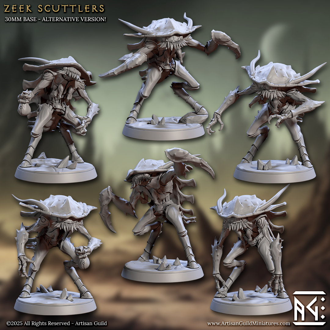 The image is a collage of six different views of a Zeen Scuttlers character from an alternative version of the 30mm base.
