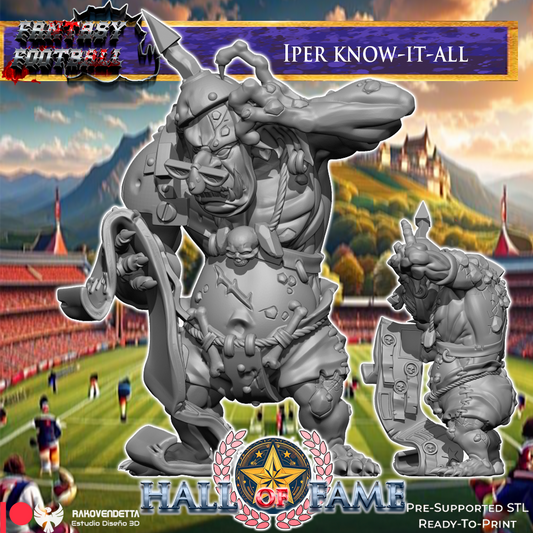 The image is a promotional poster for a fantasy football game called "IPER KNOW-IT-ALL". It features a large, imposing figure of a monster-like creature with a sword and shield, set against a backdrop of a football stadium and mountains. The game is described as "PRE-SUPPORTED SL" and "READY-TO-PRINT", indicating that it is ready for purchase and can be printed.