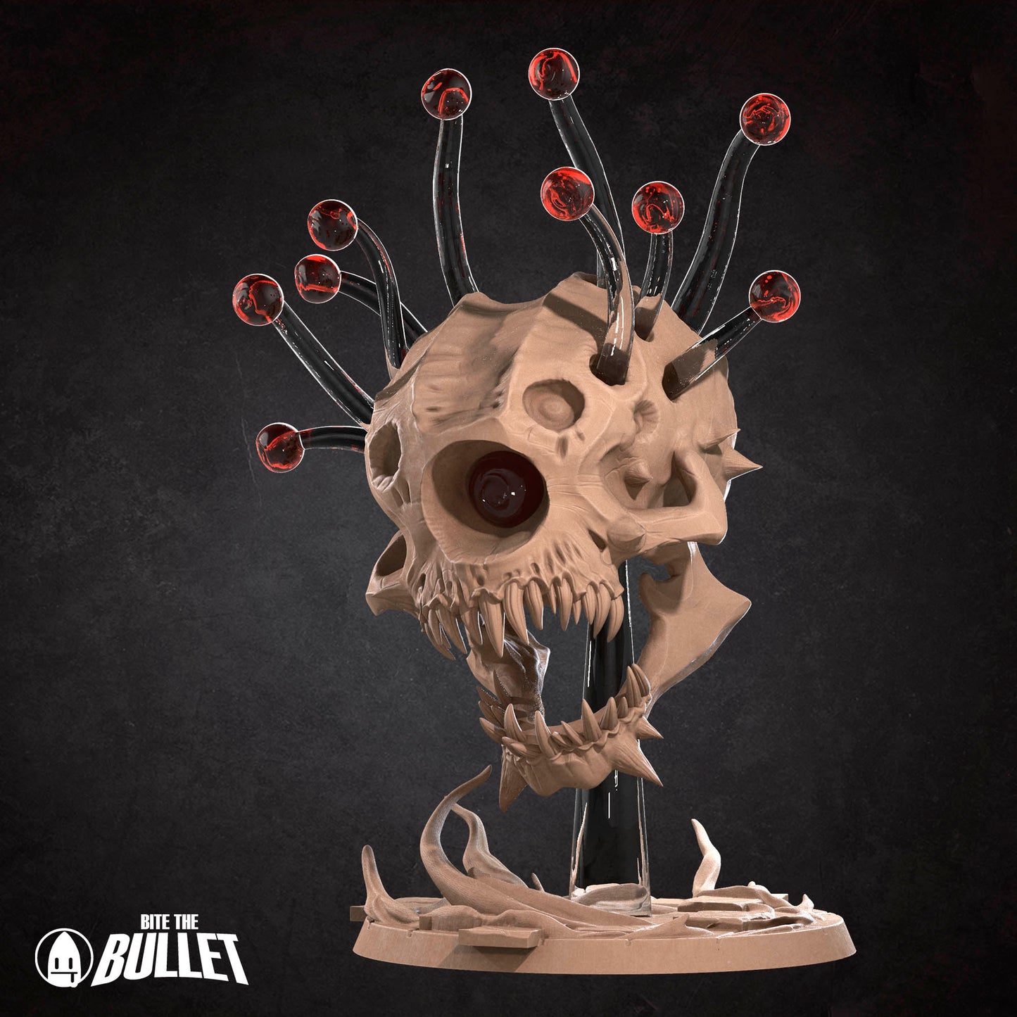 A 3D rendering of a skull-like sculpture with sharp teeth and a menacing expression, surrounded by red glowing balls.