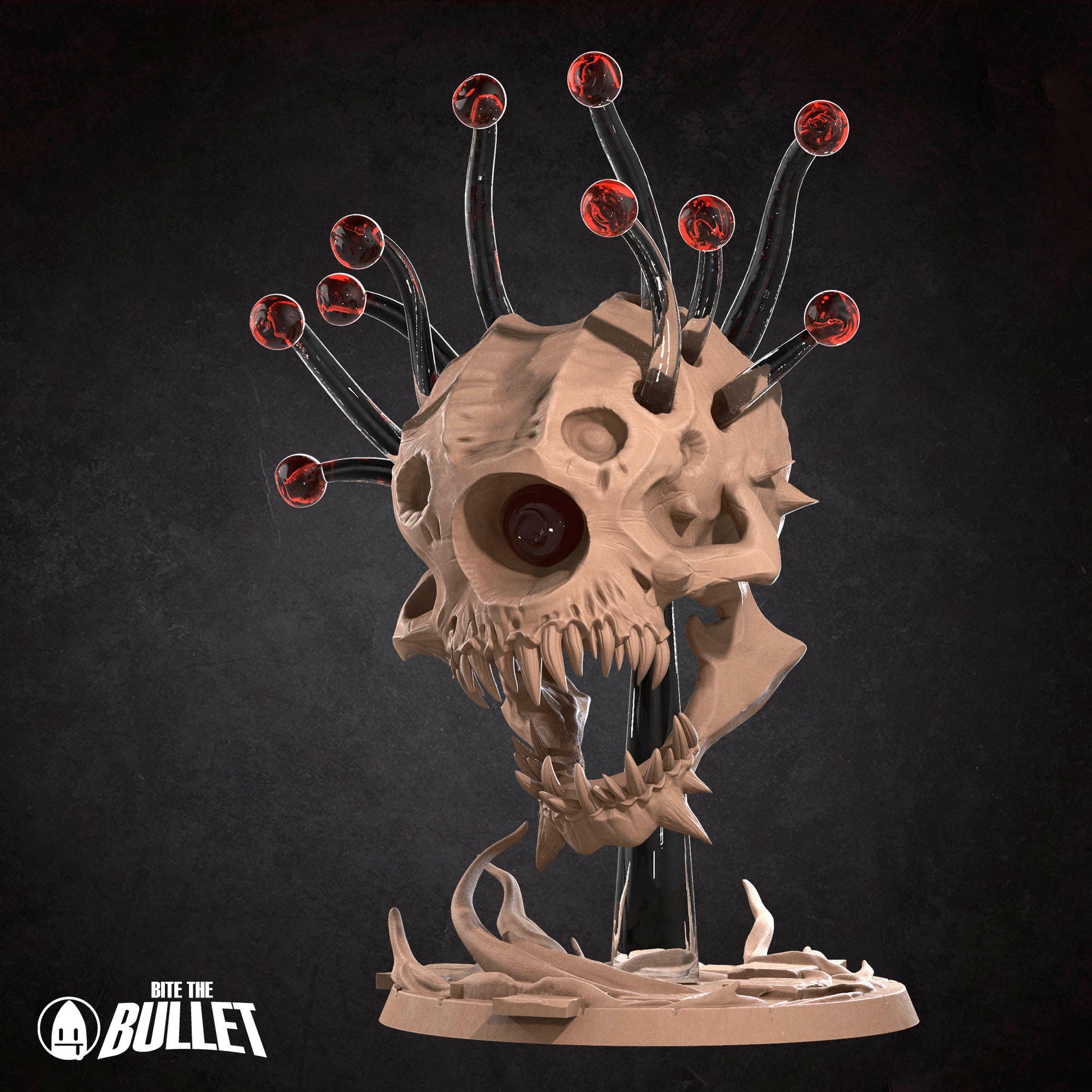 A 3D rendering of a skull-like sculpture with sharp teeth and a menacing expression, surrounded by red glowing balls.