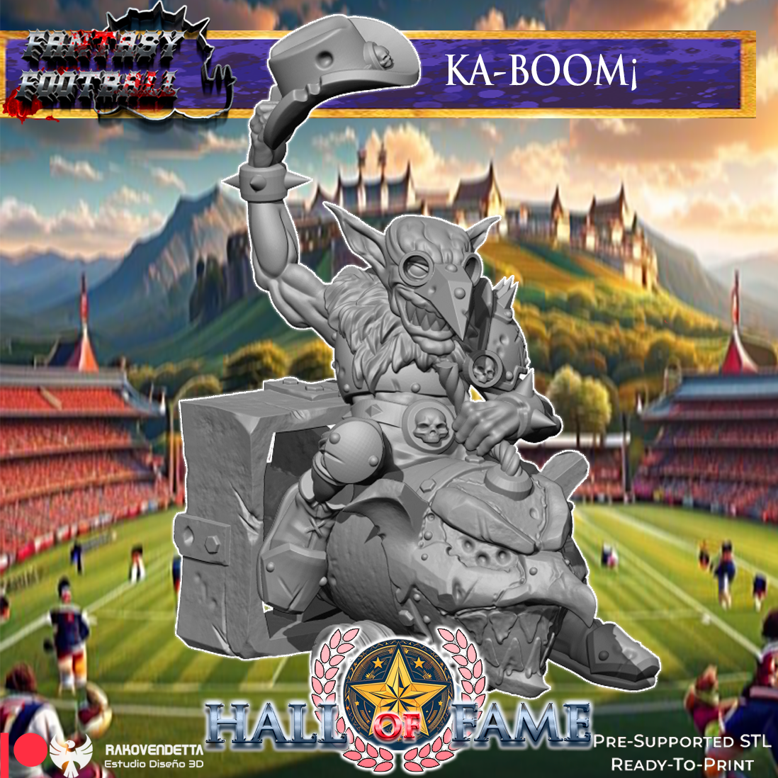 The image is a fantasy football advertisement featuring a large, imposing creature resembling a dragon or monster, riding on a vehicle and holding a helmet. The background depicts a football stadium with players on the field.
