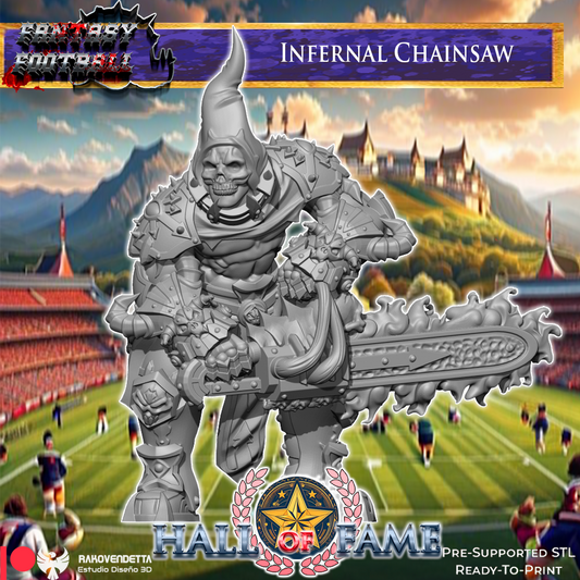 The image is a fantasy football advertisement featuring a large, armored figure holding a chainsaw, with a football field and stadium in the background.