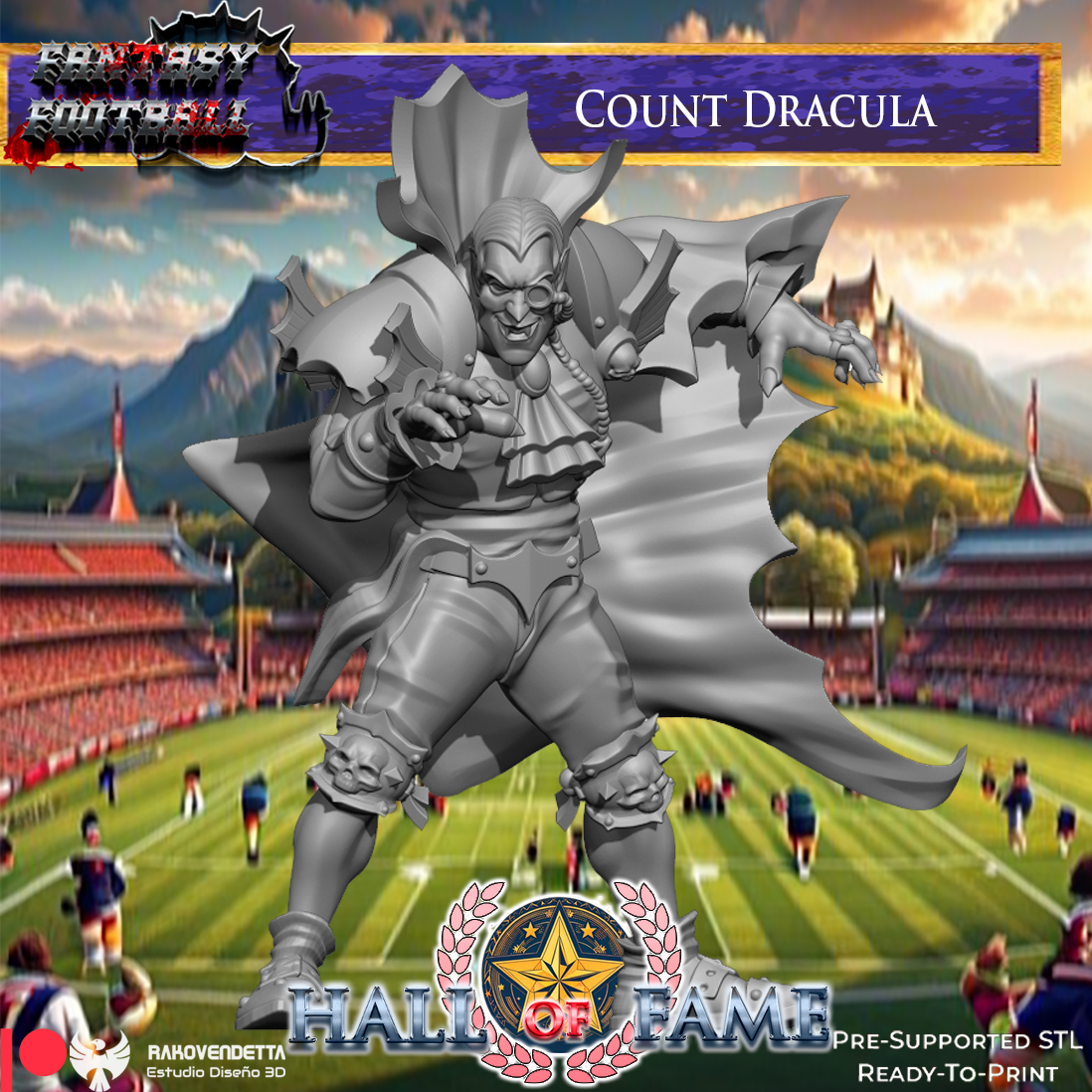 The image is a promotional poster for a fantasy football game, featuring a character named Dracula, who is a vampire-like creature, standing on a football field. The background of the poster includes a football stadium and a castle, creating a fantasy football setting.