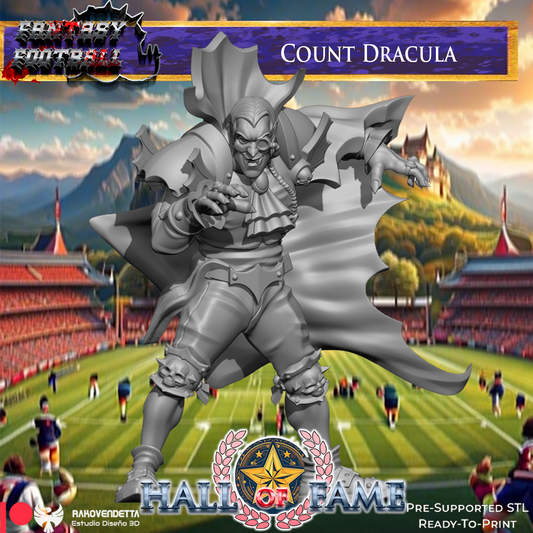 The image is a promotional poster for a fantasy football game, featuring a character named Dracula, who is a vampire-like creature, standing on a football field. The background of the poster includes a football stadium and a castle, creating a fantasy football setting.