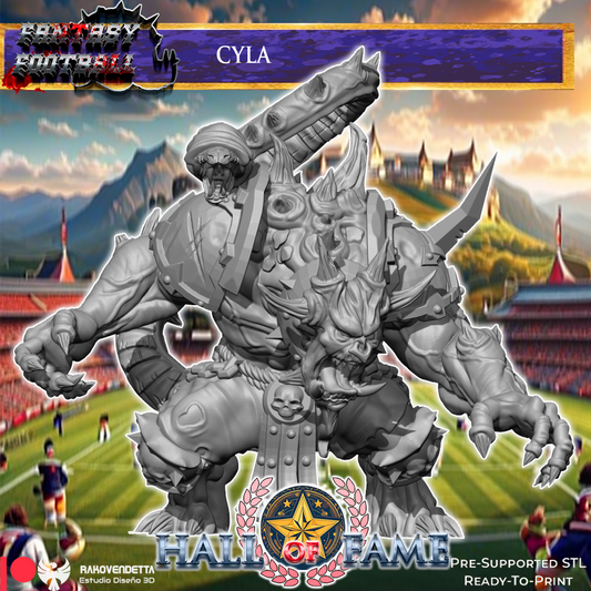 a large, imposing statue of a dragon-like creature with sharp teeth and claws, set against a backdrop of a football stadium and mountains.