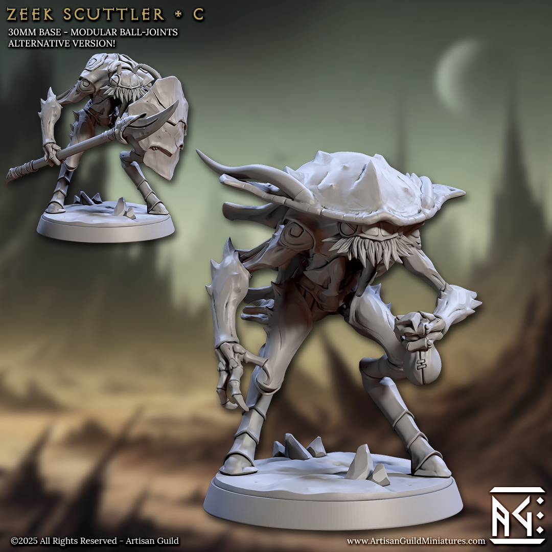 a 3D model of a creature resembling a dragon or serpent, with a large head and sharp teeth. The creature is standing on a base and appears to be in a fighting stance, holding a weapon in its hand. The background of the image is a blurred, fantastical landscape, which adds to the overall aesthetic of the image.