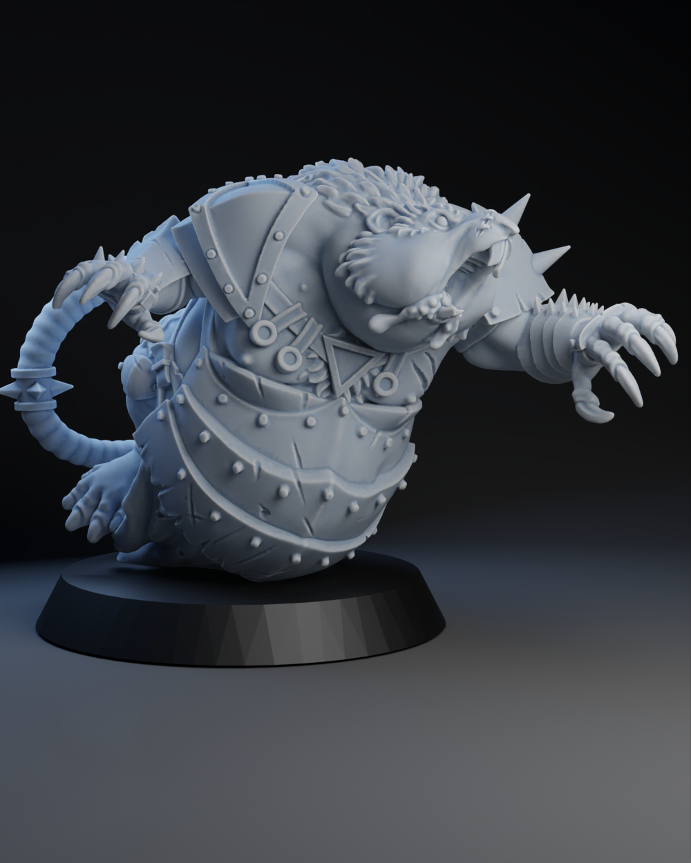A 3D rendering of a detailed, armored creature with spikes and a fierce expression, standing on a platform against a dark background.