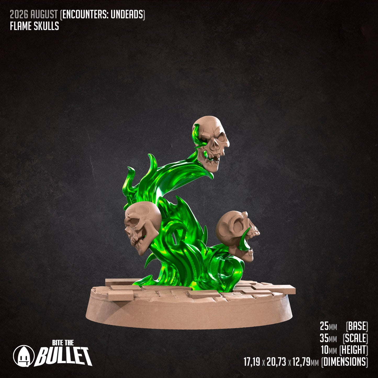 The image is a 3D rendering of a green, glowing skull-like object with three other skull-like objects attached to it, set against a dark background.