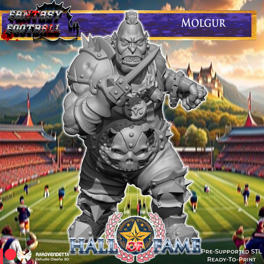 The image is a collage featuring a large, imposing figure of a warrior or fantasy football player, with a football stadium in the background.