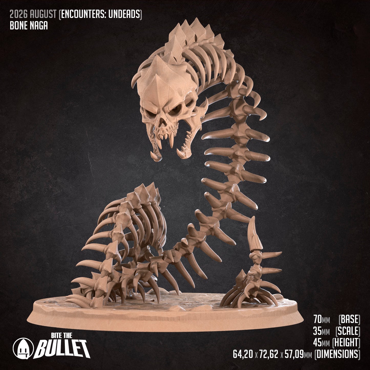 The image is a 3D rendering of a skeleton-like creature, possibly a dinosaur or a similar skeletal structure, with a skull-like head and a long, coiled body. The creature appears to be made of a material that resembles bone or metal, giving it a skeletal appearance. The image is described as a "2026 August (ENCOUNERS: UNDEADS) BONE NAGA" and is shown on a black background.