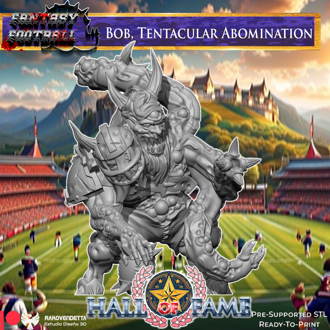 The image is a fantasy football game cover featuring a large, tentacular abomination figure in the foreground, with a football stadium and players in the background.