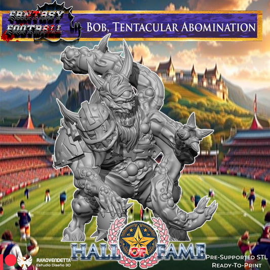 The image is a fantasy football game cover featuring a large, tentacular abomination figure in the foreground, with a football stadium and players in the background.