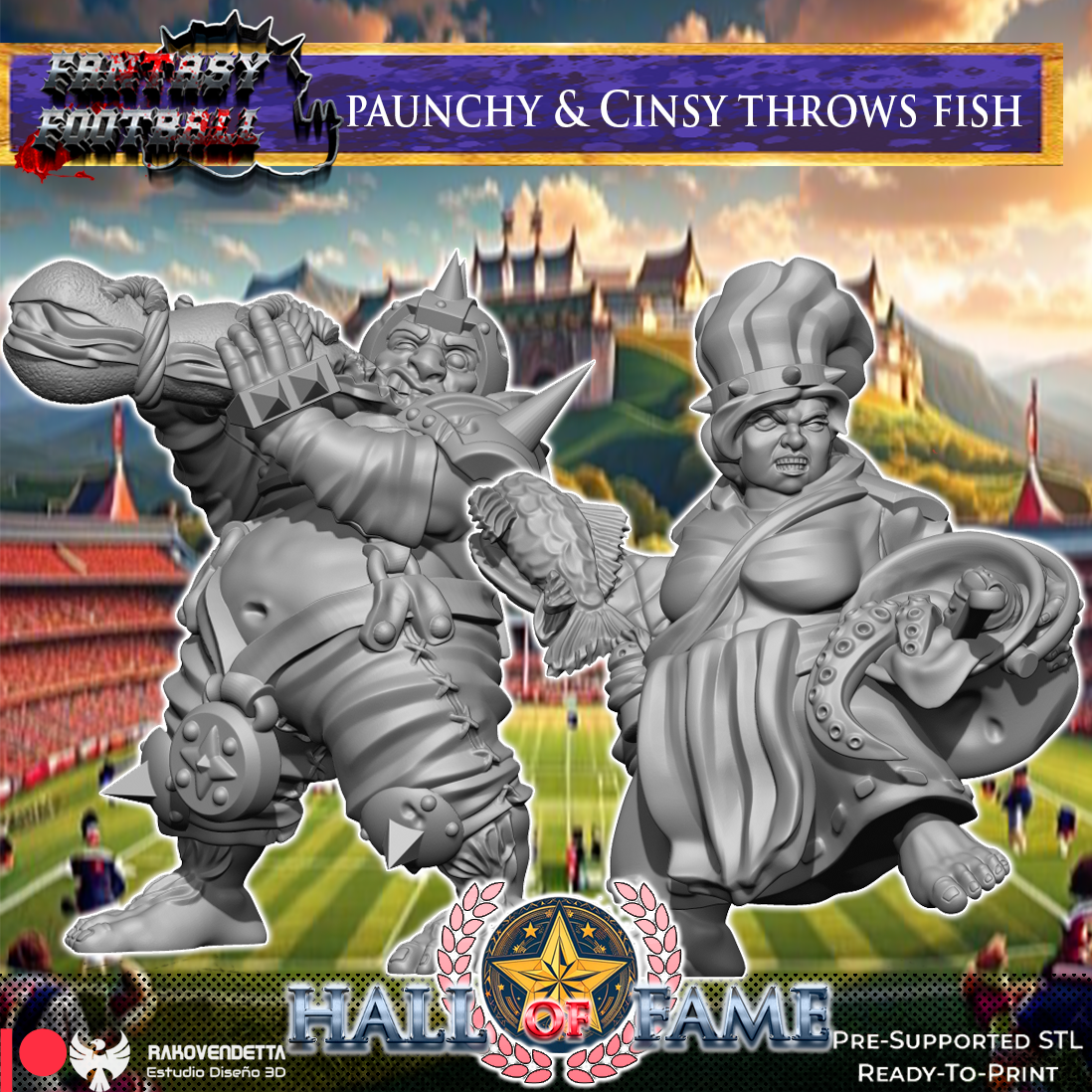 The image is a fantasy football advertisement featuring two large, imposing statues of characters, one of which is a paunchy and the other a cinsky, both depicted in a fighting stance. The statues are set against a backdrop of a fantasy football field and a castle, creating a visually striking and imaginative scene.