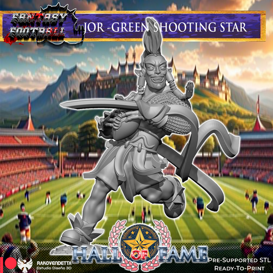 The image is a collage featuring a fantasy football player, a green-shoored warrior, and a football stadium in the background.