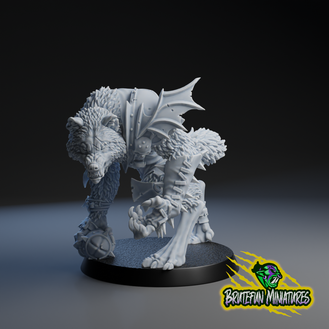 A 3D model of a fierce-looking wolf-like creature with sharp teeth and claws, standing on a platform.