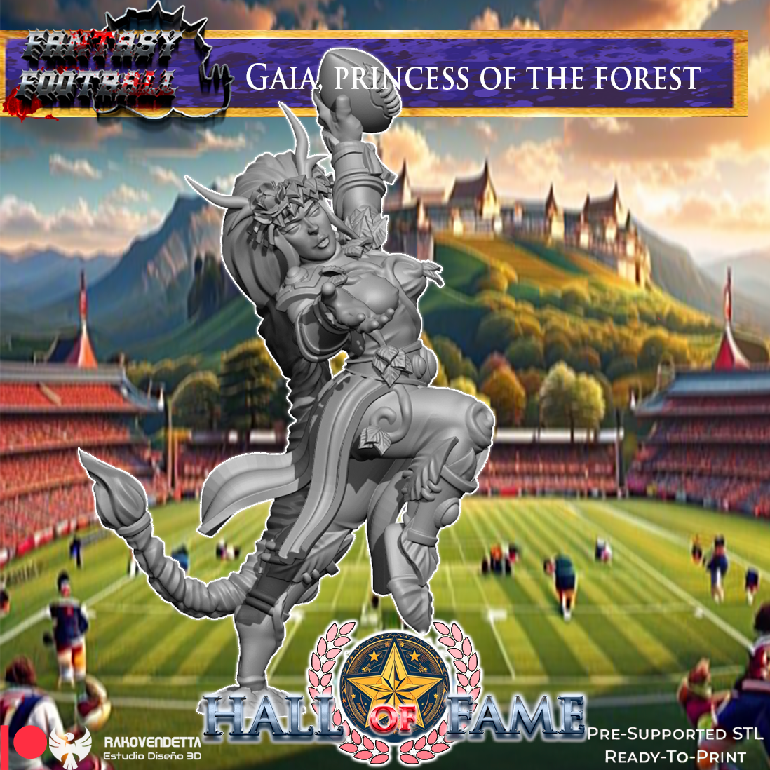 The image is a fantasy football advertisement featuring a large statue of a female warrior standing on a football field, holding a football. The background depicts a fantasy football stadium with a castle-like structure in the distance.