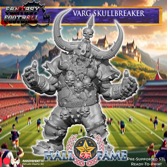 a large, imposing statue of a skull-headed warrior standing on a football field. The statue is surrounded by a crowd of people, suggesting it is a popular attraction or event. The background includes a football stadium and mountains, creating a unique and visually striking scene.