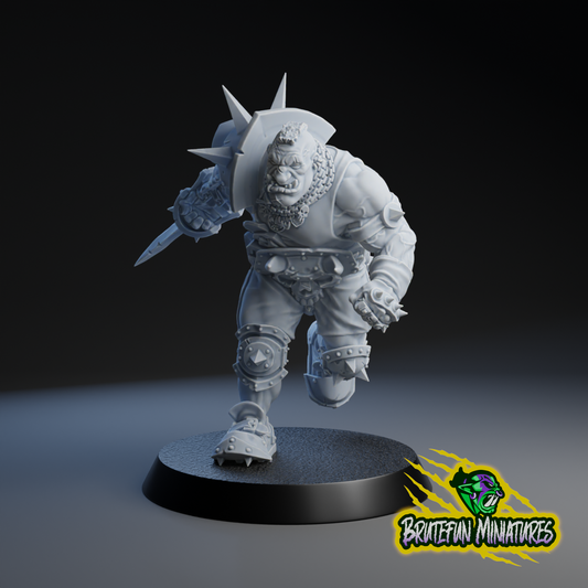 A 3D model of a heavily armored and battle-ready character, likely a fantasy or science fiction minifigure, standing on a platform and holding a weapon.