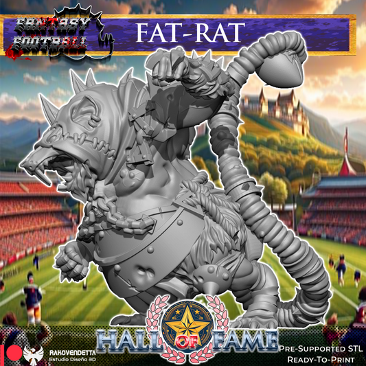 The image is a 3D rendering of a large, spiky, and armored rat-like creature with a long tail, standing on a football field. The creature appears to be a fantasy football mascot, and the background features a football stadium and a castle-like structure.