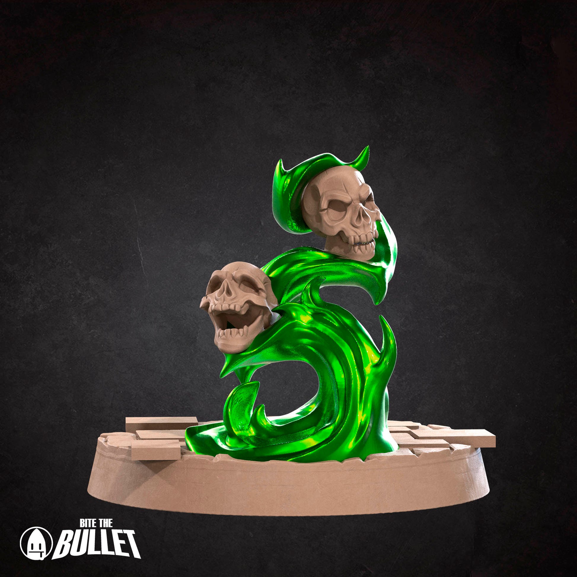 A 3D rendering of a green, twisted metal sculpture with two skull-like figures on top, set against a dark background.