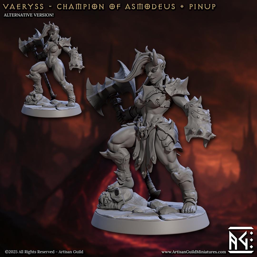 Vaeryss | Champion of Asmodeus | Female Tiefling Barbarian | Pinup Variant |  Medium | 30mm Base | The Infernal Legion | Artisan Guild