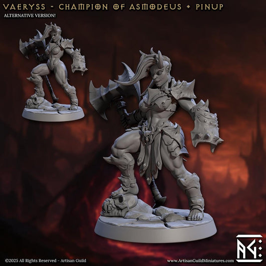 Vaeryss | Champion of Asmodeus | Female Tiefling Barbarian | Pinup Variant |  Medium | 30mm Base | The Infernal Legion | Artisan Guild