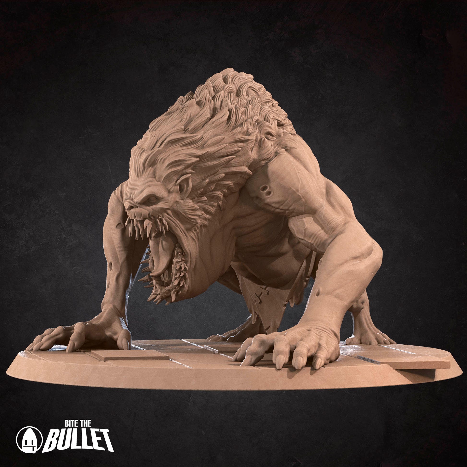 A 3D rendering of a fierce-looking creature with sharp teeth and claws, resembling a lion or a monster, standing on a platform.
