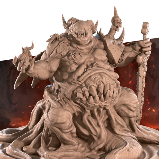 A detailed 3D rendering of a monstrous creature with a large, protruding head, sharp teeth, and a menacing expression. The creature appears to be made of a material that resembles stone or clay, giving it a rough, textured appearance.