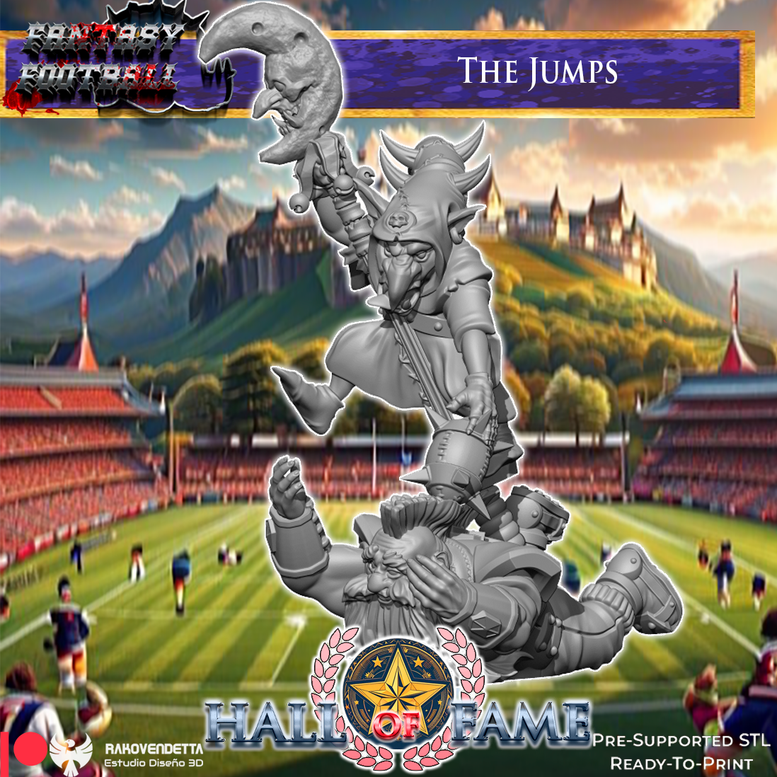 The image is a collage featuring a fantasy football player, a fantasy football player, and a fantasy football player, all set against a backdrop of a football stadium and a castle.