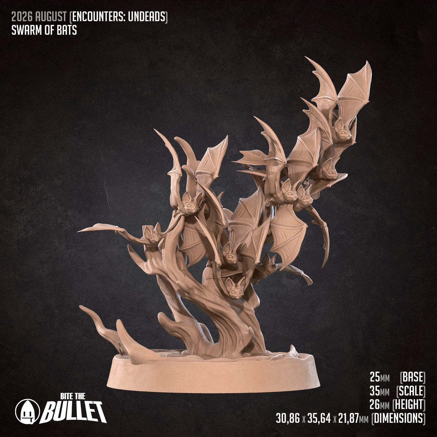 The image is a 3D rendering of a bat-like creature, possibly a bat-like monster or a bat-like insect, with multiple bat-like figures attached to it. The creature appears to be made of a light-colored material, possibly wood or clay, and is displayed against a dark background. The image does not contain any text or descriptive phrases, and it does not depict a scene or a specific location.