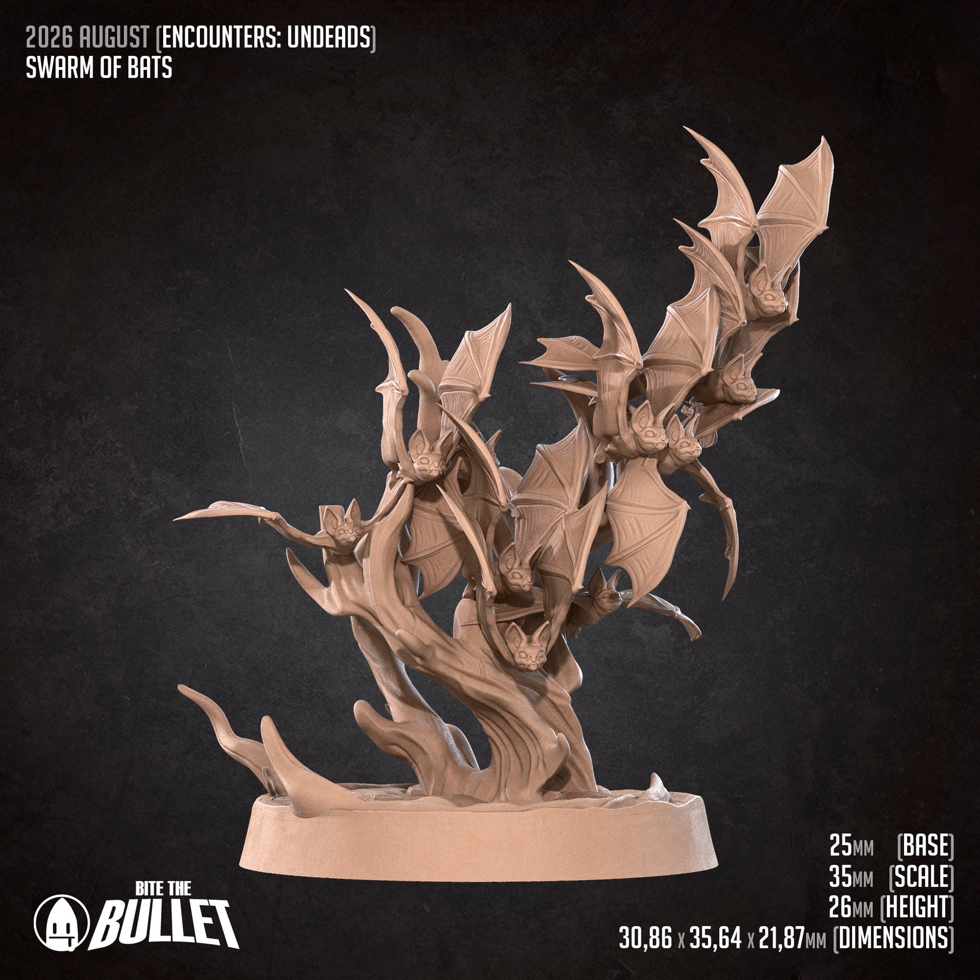 The image is a 3D rendering of a bat-like creature, possibly a bat-like monster or a bat-like insect, with multiple bat-like figures attached to it. The creature appears to be made of a light-colored material, possibly wood or clay, and is displayed against a dark background. The image does not contain any text or descriptive phrases, and it does not depict a scene or a specific location.