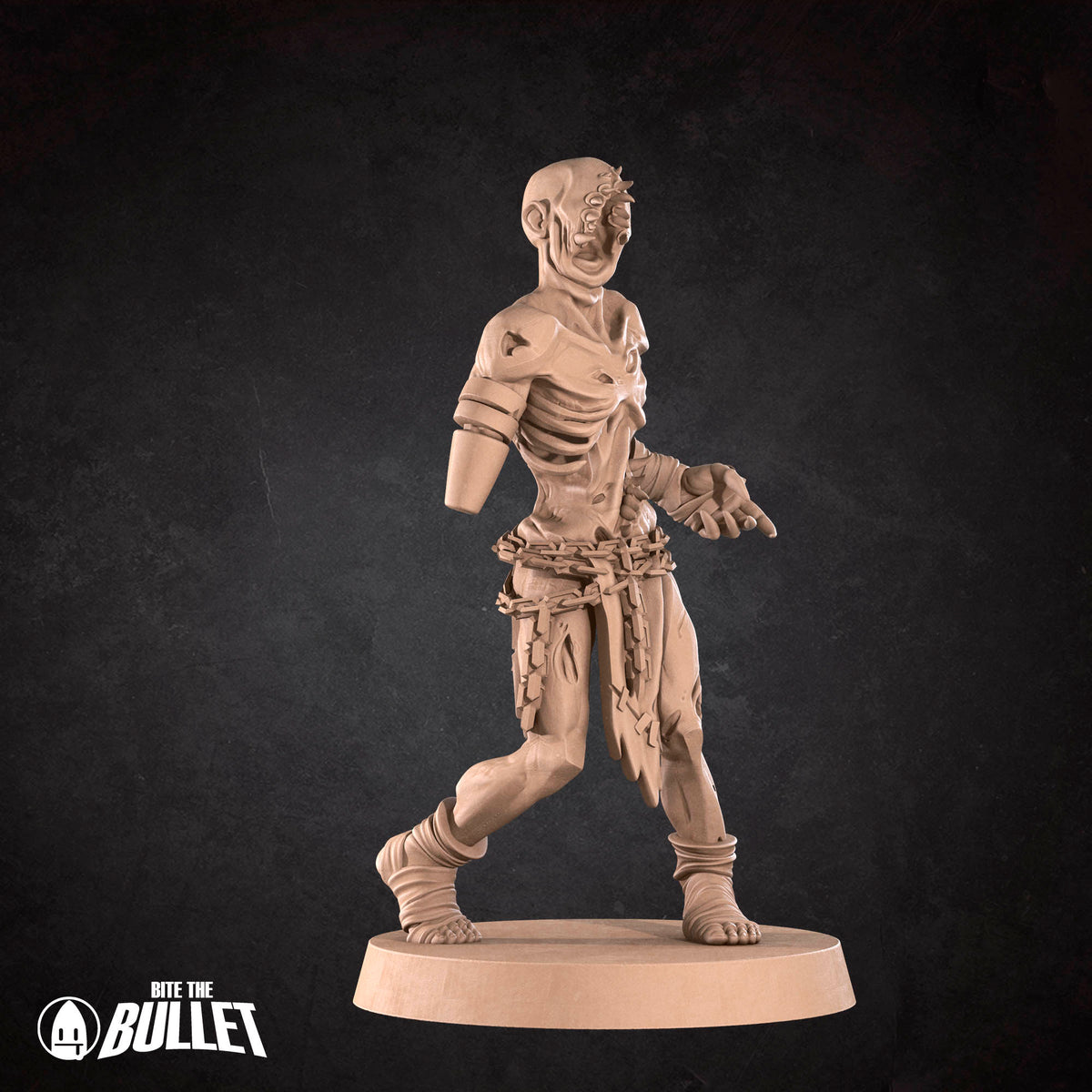 A 3D rendering of a skeletal figure with a skull-like face, wearing a chain around its neck, and standing on a base.