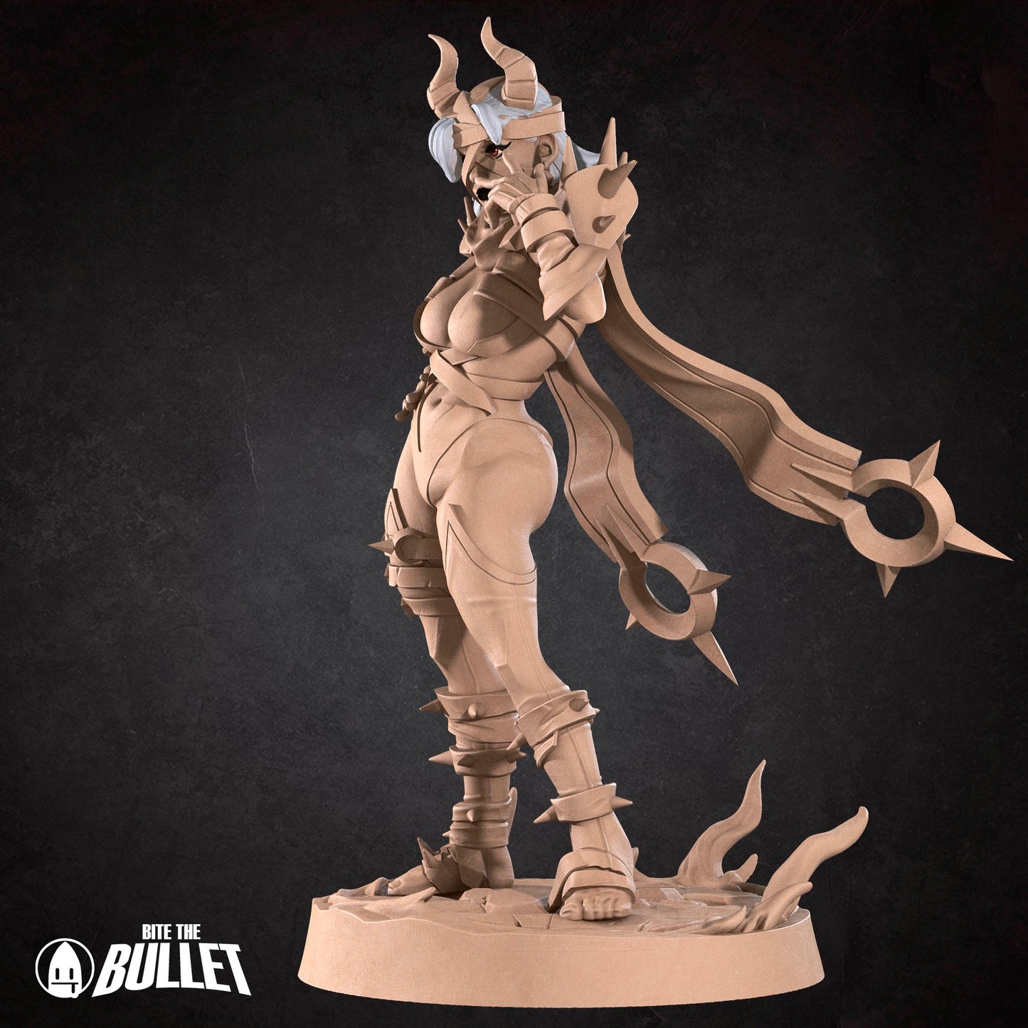 A 3D rendering of a female character with horns and a flowing cape, standing on a base with spikes. The character appears to be a warrior or warrior-like figure, with a fierce expression and a determined posture.