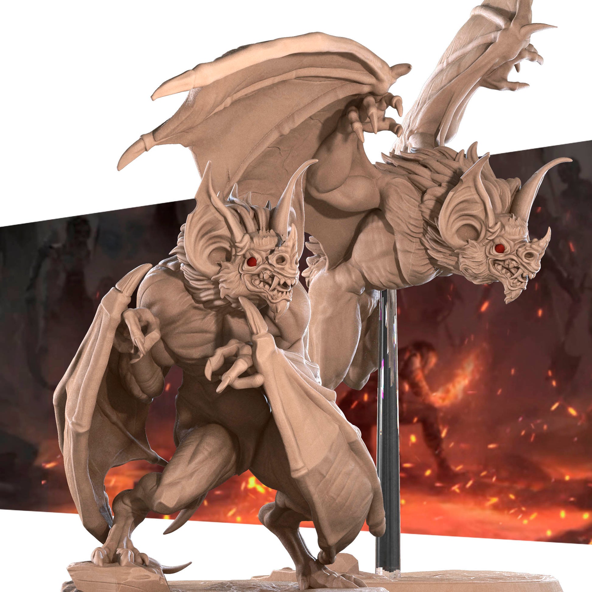 A detailed 3D rendering of a bat-like creature with wings and sharp teeth, standing on a platform against a fiery background.