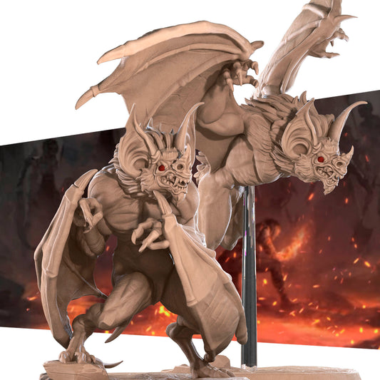 A detailed 3D rendering of a bat-like creature with wings and sharp teeth, standing on a platform against a fiery background.