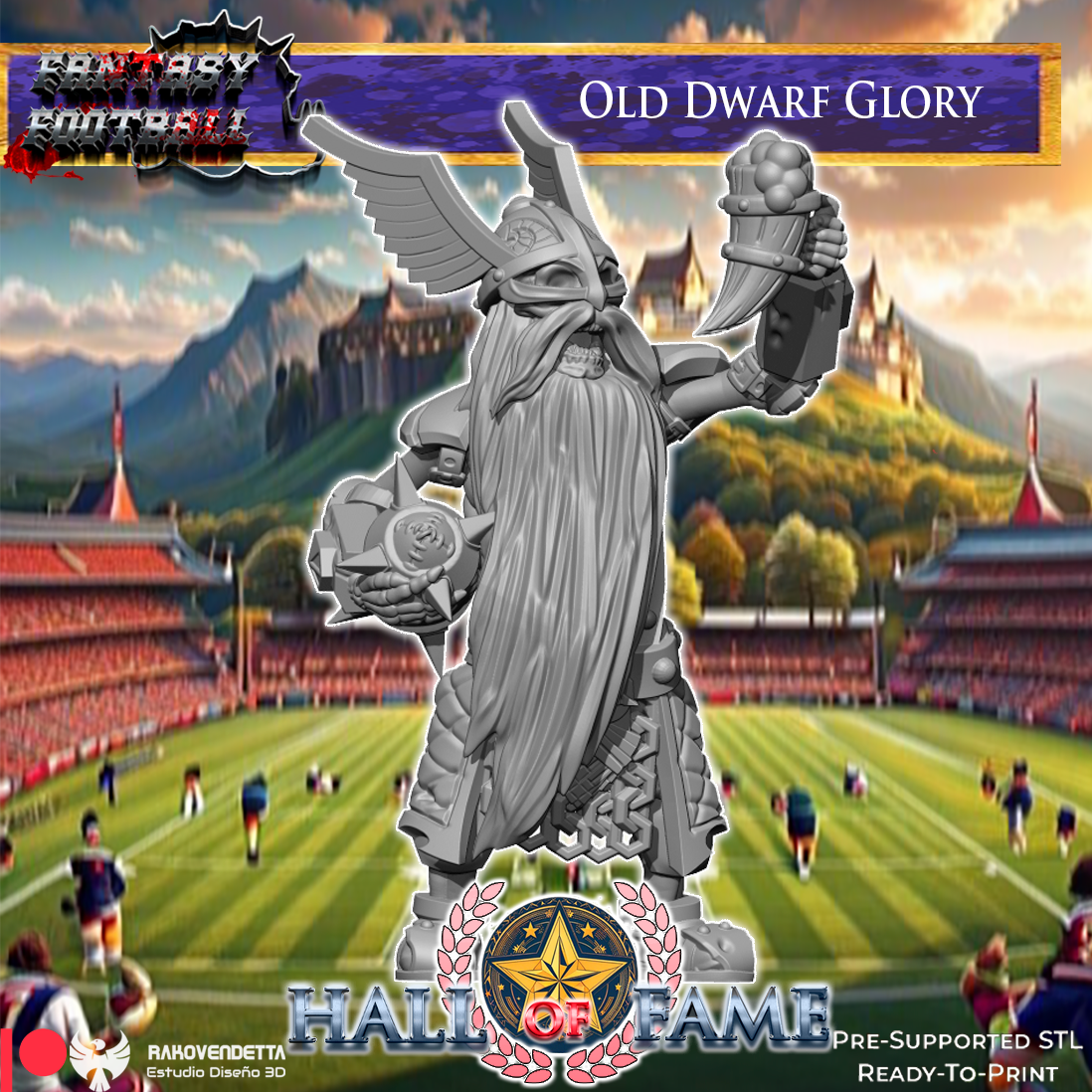 The image is a fantasy football advertisement featuring a large statue of an old dwarf glory standing on a football field. The background depicts a fantasy football stadium with players on the field.