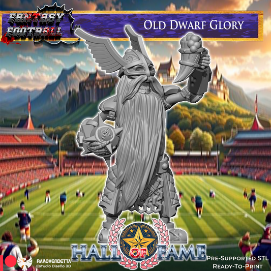 The image is a fantasy football advertisement featuring a large statue of an old dwarf glory standing on a football field. The background depicts a fantasy football stadium with players on the field.