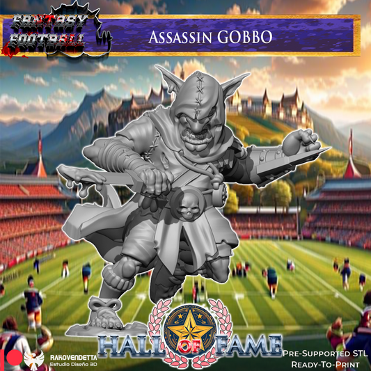 The image is a promotional poster for a fantasy football game called "Assassin Gobbo". It features a large, menacing-looking character resembling a goblin or monster, with a football field in the background. The game is described as "Pre-Supported SL" and "Ready-to-Print", indicating that it is a ready-to-print version of the game.