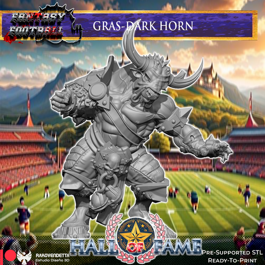 The image is a fantasy football advertisement featuring a large statue of a dark horned creature, likely a mythical or fantastical creature, standing on a football field. The background depicts a football stadium with players on the field.
