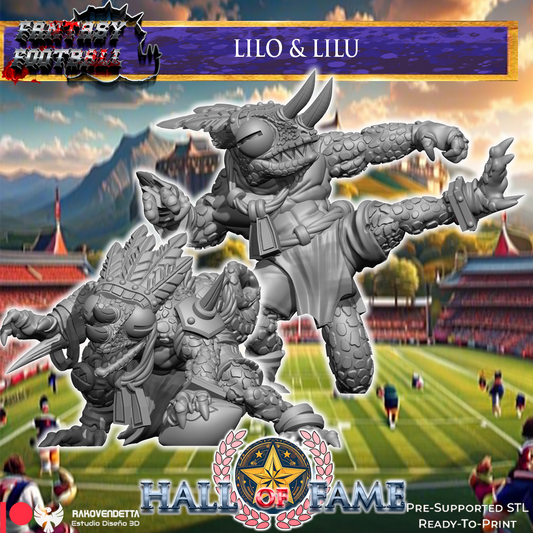 The image is a collage featuring two fantasy football players, Lilo and Liliu, in action poses on a football field.