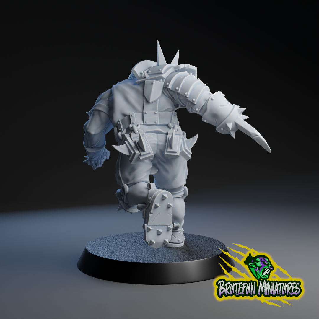 A 3D model of a heavily armored and armed character, likely a fantasy or science fiction character, standing on a platform and holding a weapon.