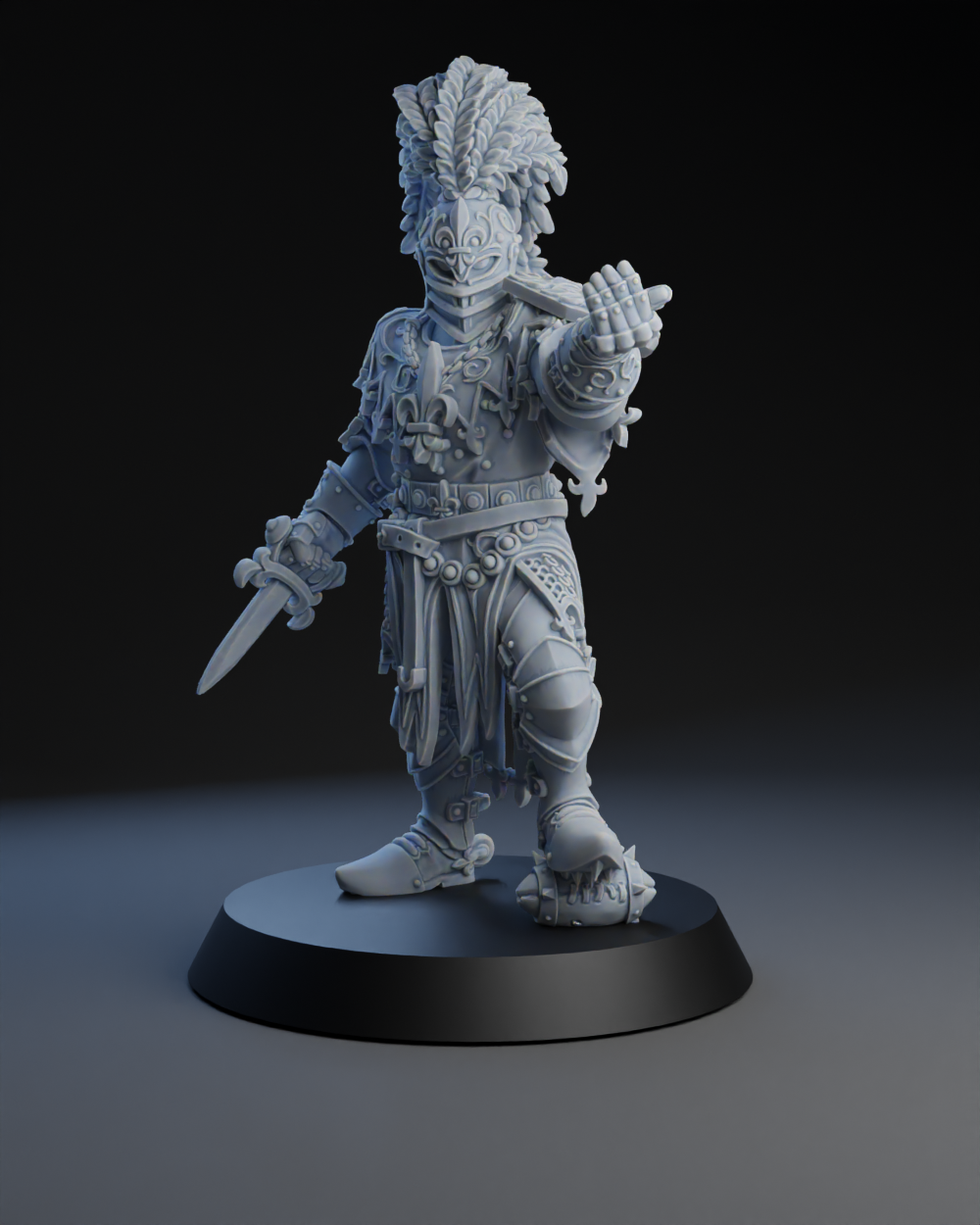 A detailed 3D model of a warrior figure, standing on a platform and holding a sword in their right hand.