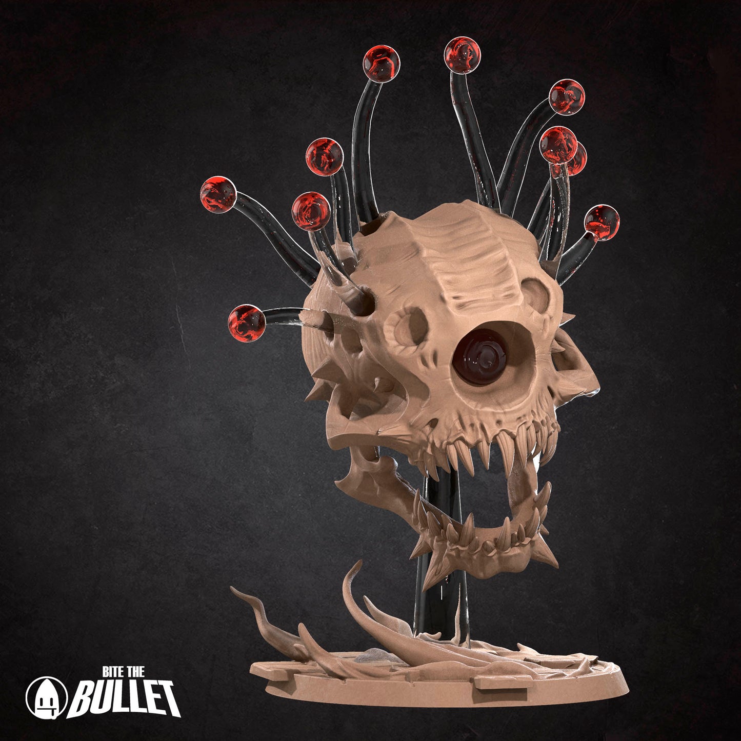 A 3D rendering of a skull-like object with sharp teeth and a red eye, surrounded by a network of red and black lines or beams. The image appears to be a digital artwork or 3D model, possibly from a video game or other media.